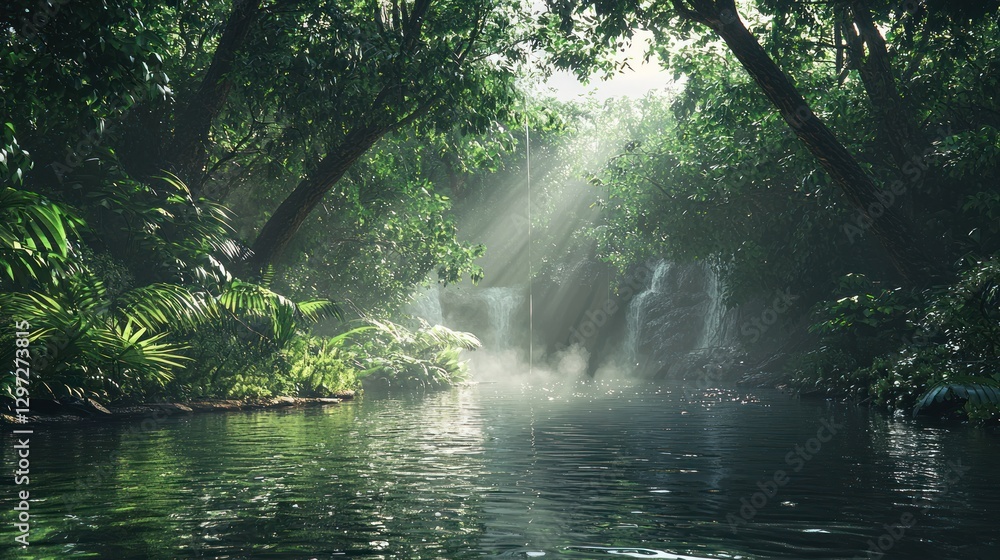 Sunbeams illuminate a lush jungle waterfall cascading into a tranquil stream. Sunbeams illuminate a lush jungle waterfall cascading into a tranquil stream.