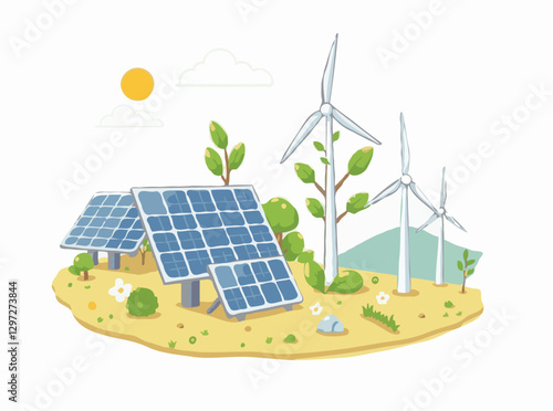 Green Energy Concept with Solar Panels and Wind Turbines