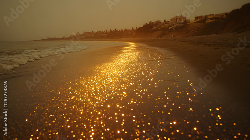 Fototapeta Naklejka Na Ścianę i Meble -  Golden sunset shimmering on coastal beach sands