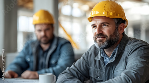 Construction workers planning project indoors