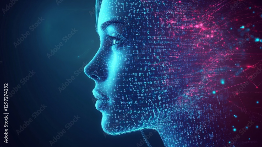 Futuristic face of a woman with binary code and glowing lines, vector design. Futuristic face of a woman with binary code and glowing lines, vector design.