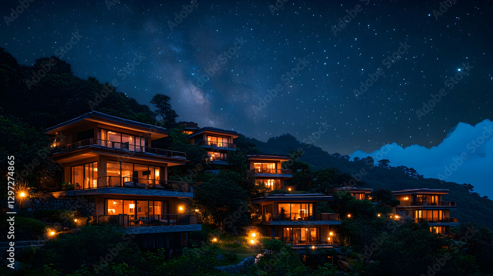 Fototapeta premium Hillside villas illuminated at night under starry sky