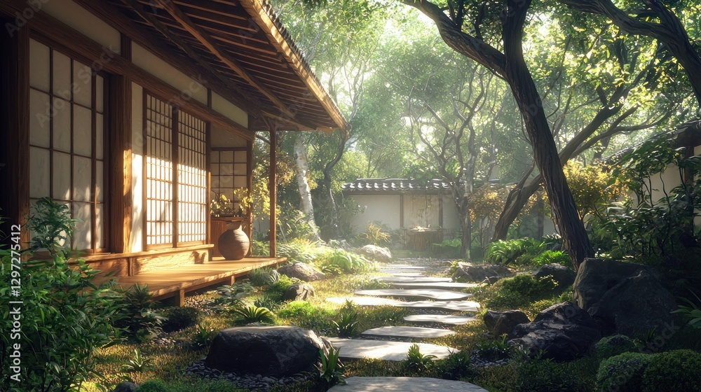 Sunlit Japanese garden path, stone steps, traditional house. Sunlit Japanese garden path, stone steps, traditional house.