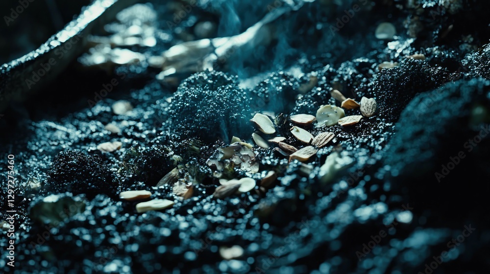 Close-up of burnt earth with scattered remnants. Close-up of burnt earth with scattered remnants.