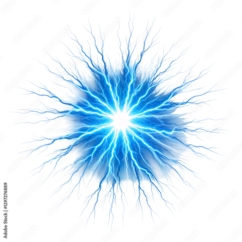Fototapeta premium Bright Blue Electric Sparks with High-Energy Glow, PNG with Transparent Background: Perfect for Electricity, Power, Energy, Science, Technology, Lightning Effects, and Futuristic Concepts.