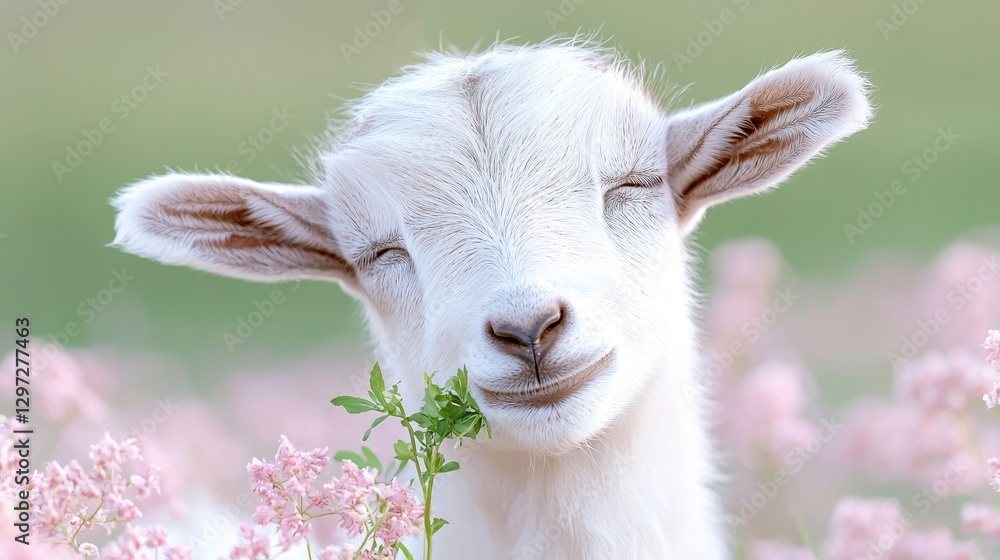 Fototapeta premium Cute white goat kid eating flowers in a field