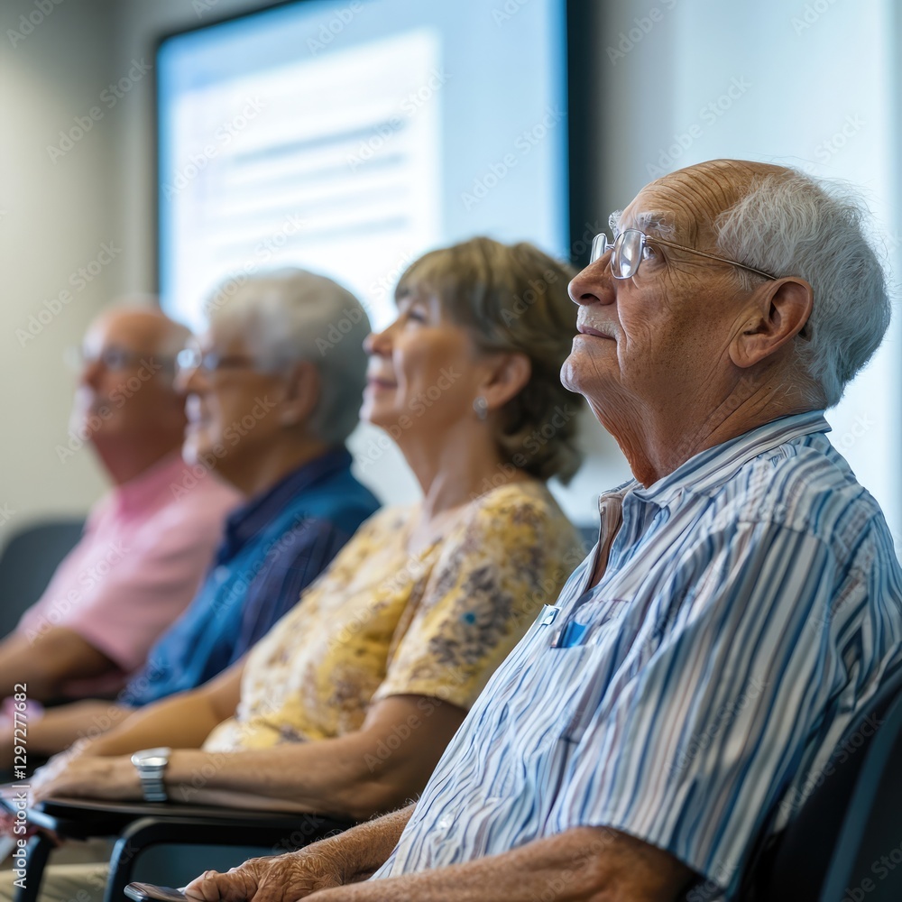Fototapeta premium Four elderly people are sitting in chairs in front of a large screen