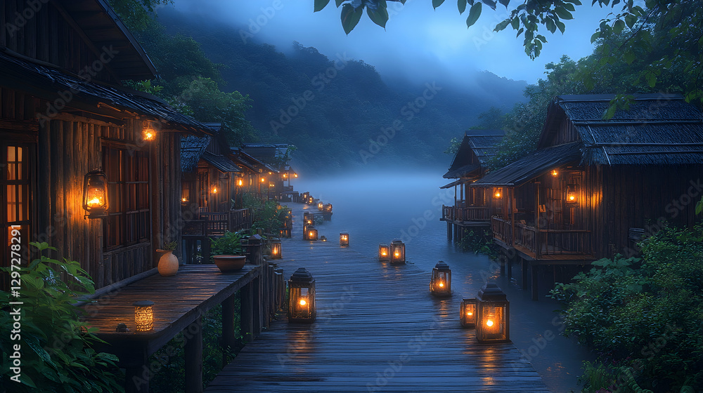 Fototapeta premium Misty River Village Night Lanterns Wooden Cabins