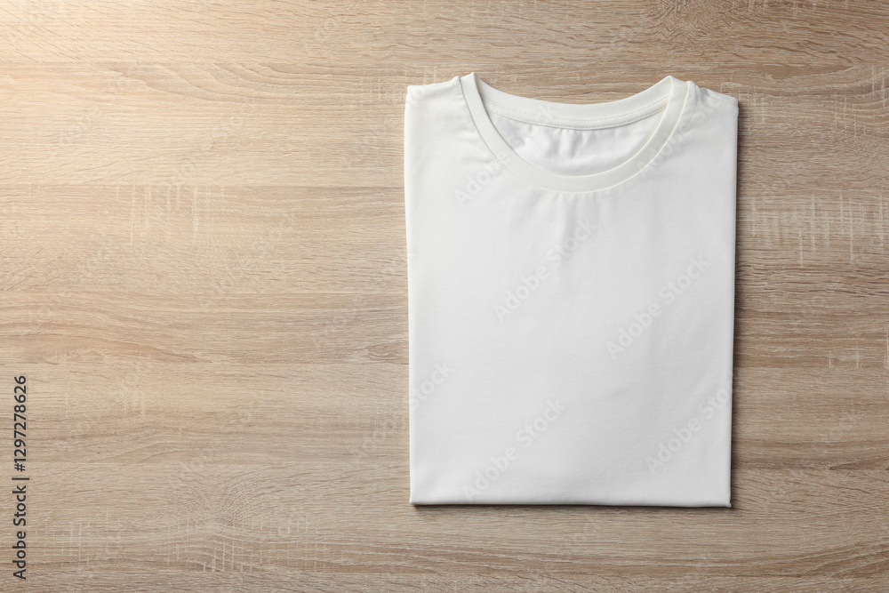 Fototapeta premium One blank t-shirt on wooden background, top view. Mockup for design