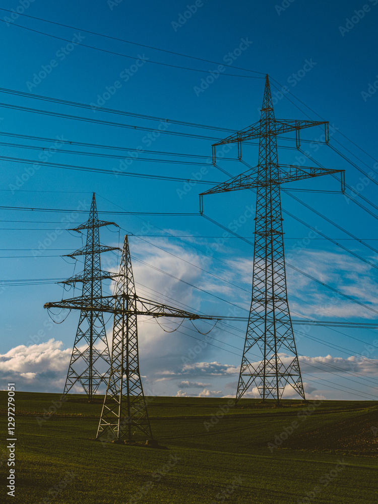 Hochspannungsmasten und starker Wolkenhimmel