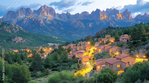 Mountain village sunset, Pyrenees, Spain