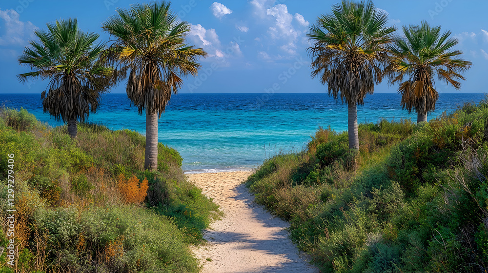 Fototapeta premium Palm-lined path to secluded Mediterranean beach