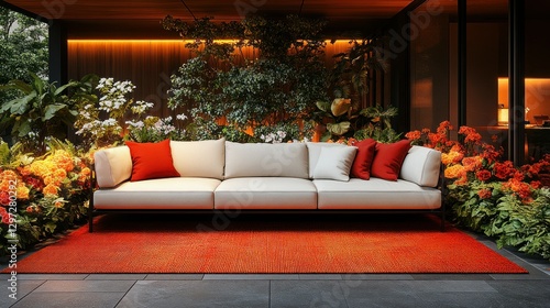 Modern outdoor sofa, orange rug, enclosed patio with lush plants