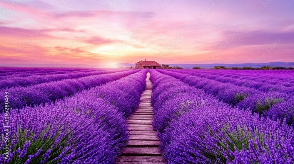 Obraz premium Winding Wooden Pathway Through Vast Lavender Field at Dusk