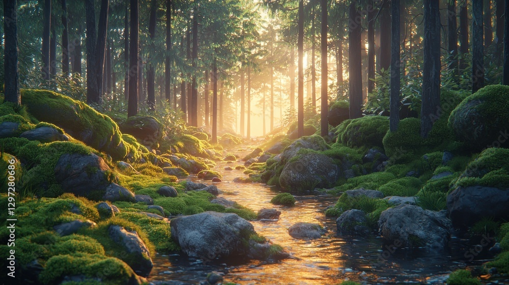 Fototapeta premium Sunlit forest stream, mossy rocks, tranquil scene.