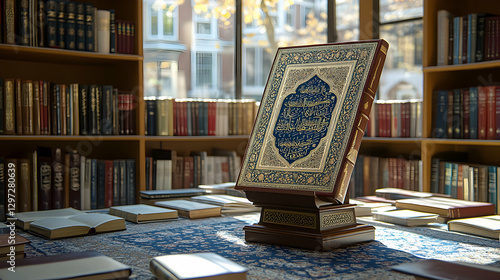 Quran displayed in sunlit library amongst books