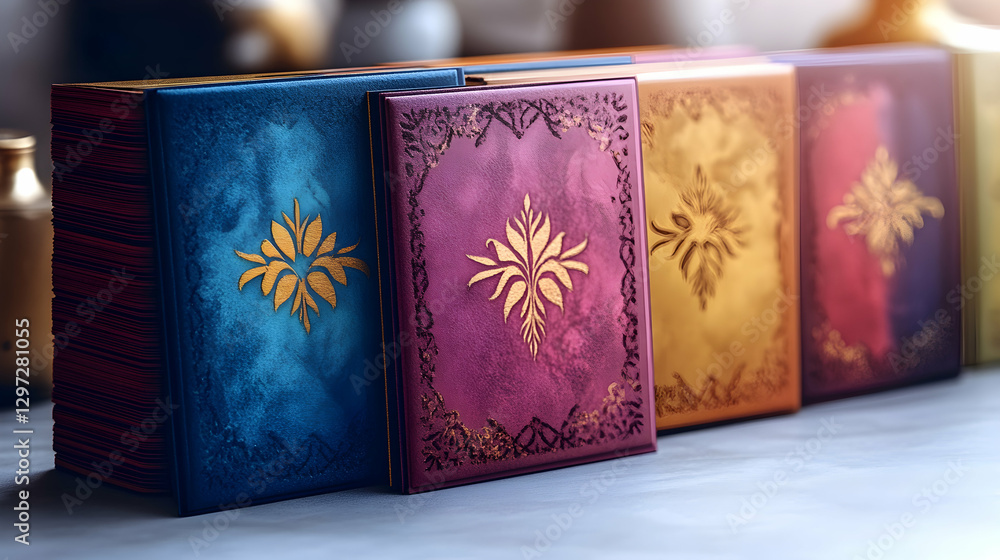 Fototapeta premium Ornate books on table, fantasy design, indoor setting