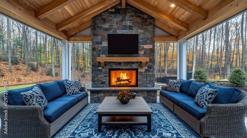 Fototapeta Naklejka Na Ścianę i Meble -  Cozy outdoor fireplace room with fall foliage