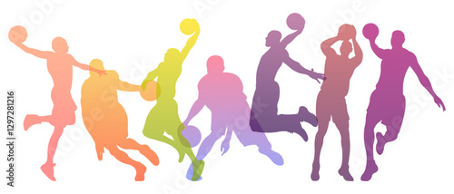 Colourful silhouettes of basketball players in action.Set of basketball players with ball.Vector illustration.