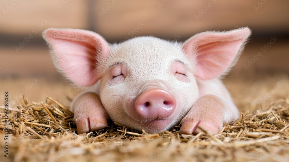 Sleeping piglet in hay, farm barn background, cute animal image for children's book