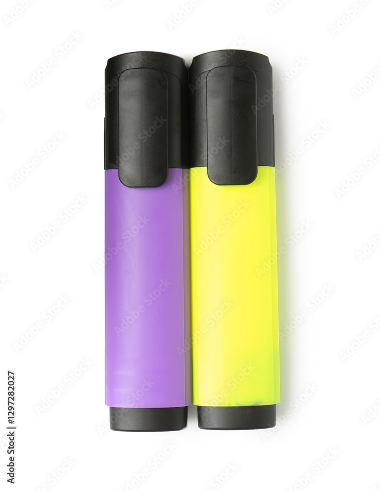 Bright highlighters isolated on white, top view Bright highlighters isolated on white, top view