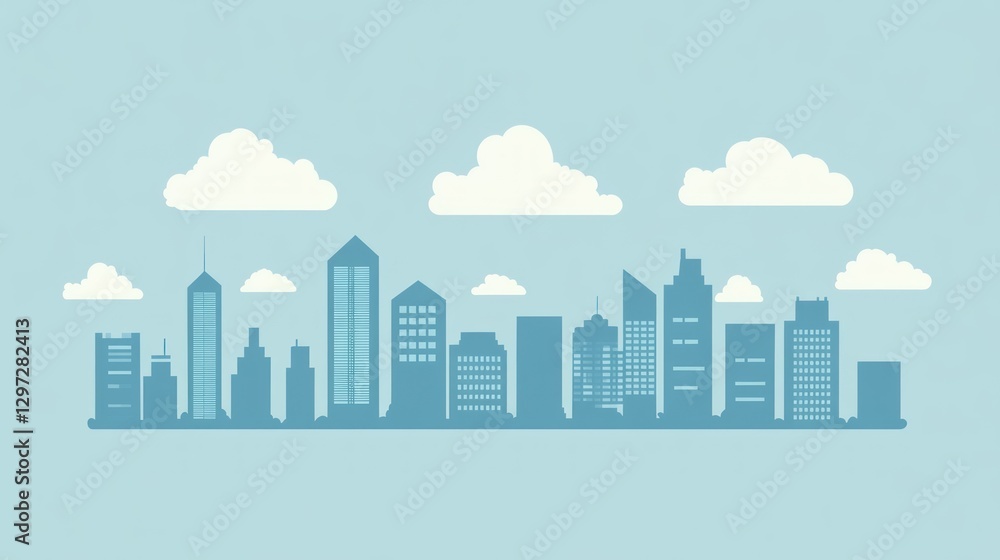Cityscape silhouette with clouds, flat style, illustration, background, graphic design, use in presentations, posters, or websites Cityscape silhouette with clouds, flat style, illustration, background, graphic design, use in presentations, posters, or websites