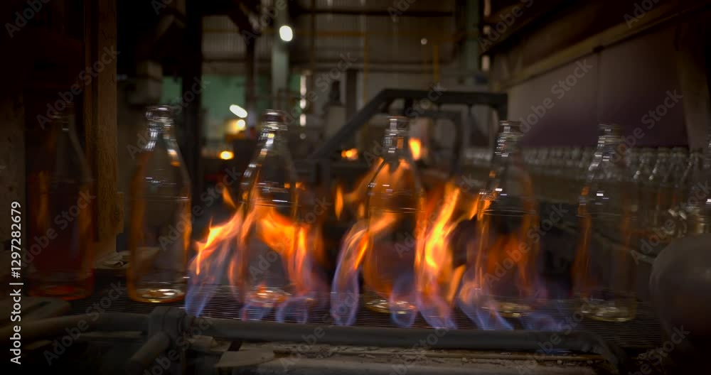 glass bottles move through intense flames during the annealing process at a glass manufacturing plant ensuring strength and durability in production with controlled high-temperature treatment glass bottles move through intense flames during the annealing process at a glass manufacturing plant ensuring strength and durability in production with controlled high-temperature treatment