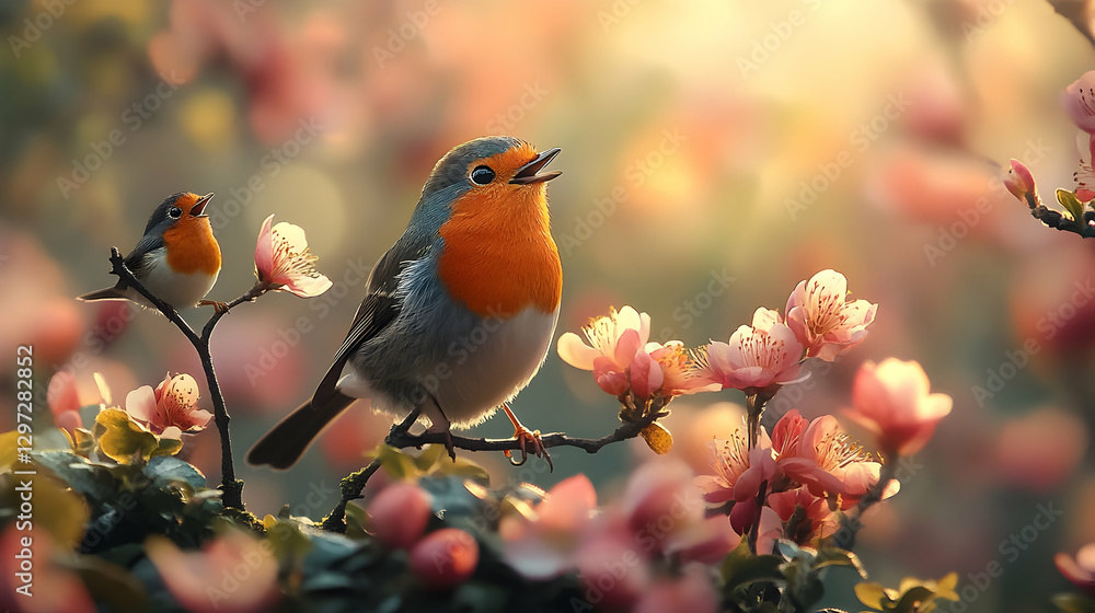 Robin singing amidst blooming spring blossoms Robin singing amidst blooming spring blossoms