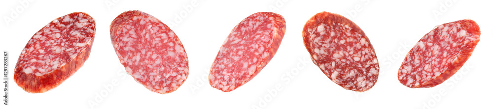 Smoked sausage slices isolated on white, set Smoked sausage slices isolated on white, set