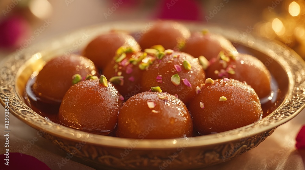 Warm Gulab Jamun Soaked in Syrup with Rose Petals and Pistachios Warm Gulab Jamun Soaked in Syrup with Rose Petals and Pistachios