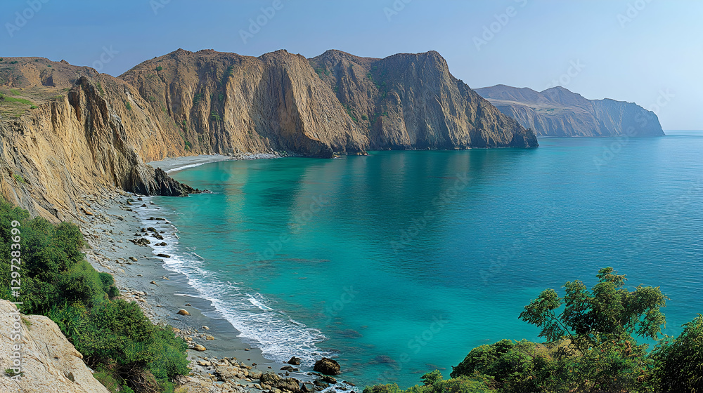 Obraz premium Secluded Coastal Cove's Turquoise Waters, Steep Cliffs