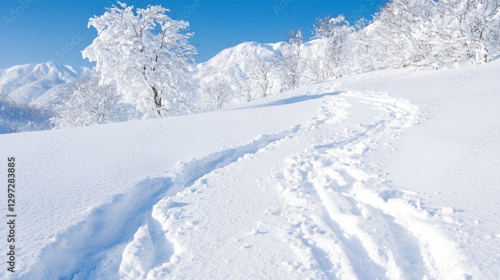 Snowshoe trail winding through snowy mountain landscape Snowshoe trail winding through snowy mountain landscape