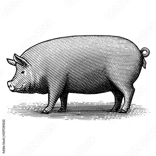 An illustration of a pig in a vintage woodcut style