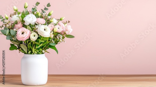 Wallpaper Mural Pink and white flower bouquet in vase, wooden table, pink background, for greeting card Torontodigital.ca