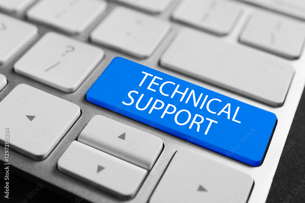 Technical Support button blue on computer keyboard, closeup Technical Support button blue on computer keyboard, closeup