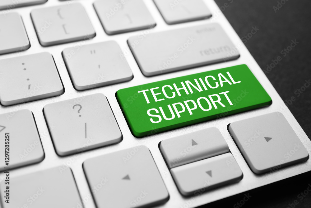 Technical Support button green on computer keyboard, closeup Technical Support button green on computer keyboard, closeup