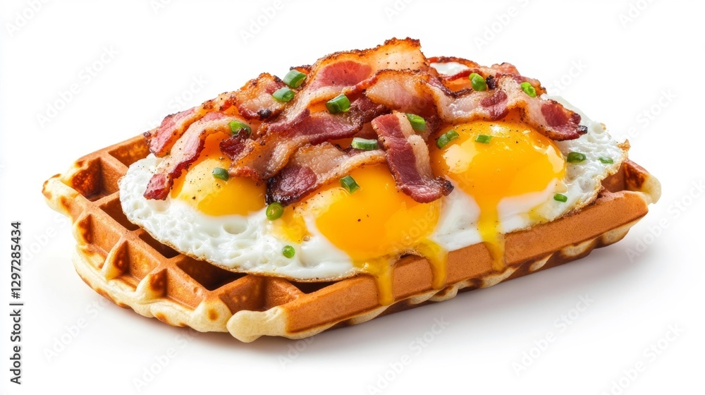 Over-easy fried eggs and crispy bacon in a waffle taco shell isolated on white. Generative AI Over-easy fried eggs and crispy bacon in a waffle taco shell isolated on white. Generative AI