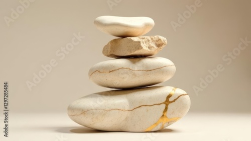 Photograph of irregularly shaped marble stones with golden lines stacked in impossible balance, beige color scheme