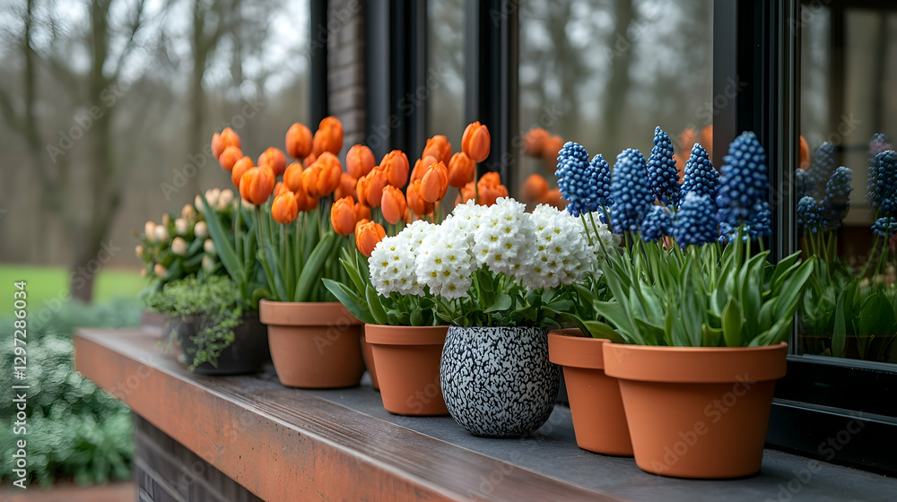 Spring blooms in terracotta pots on windowsill Spring blooms in terracotta pots on windowsill