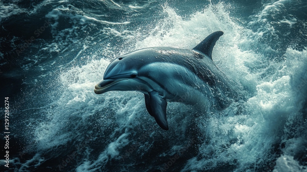 Naklejka premium Dolphin leaping through the waves of a stormy ocean in dramatic lighting. Generative AI
