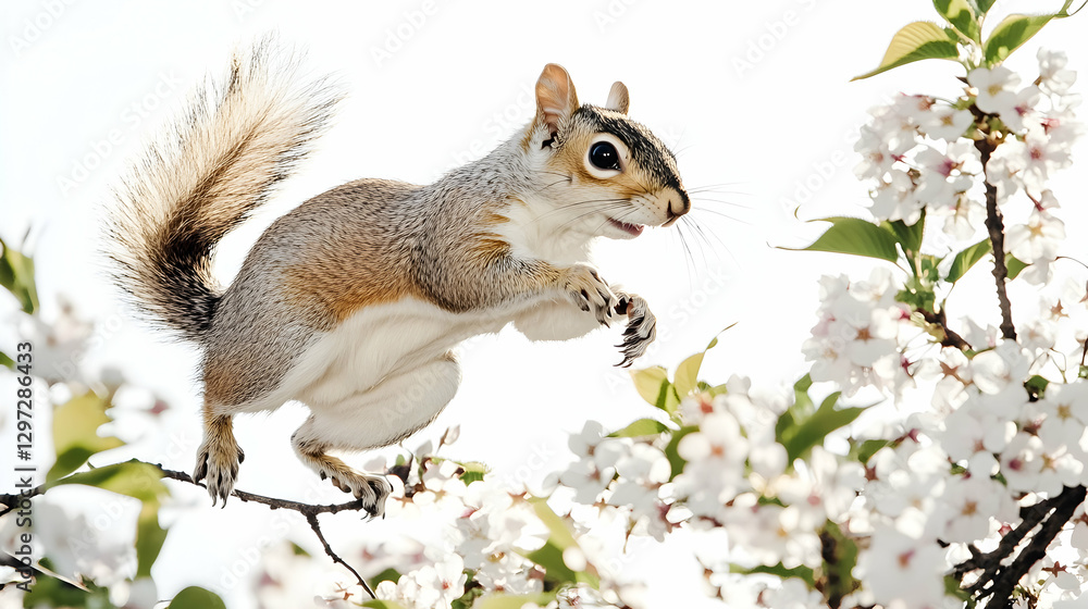 Naklejka premium Squirrel leaping cherry blossom branch spring outdoors