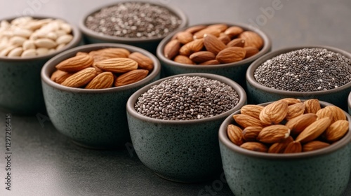 Selection of almonds chia seeds and other seeds in rustic stone bowls on a dark background. Generative AI