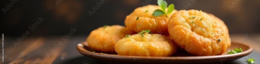 Deep fried kachori with crispy exterior and fluffy potato filling , fried dough, deep fried snack Deep fried kachori with crispy exterior and fluffy potato filling , fried dough, deep fried snack