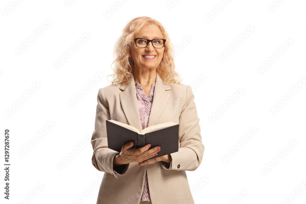 Middle aged woman standing and holding a book Middle aged woman standing and holding a book