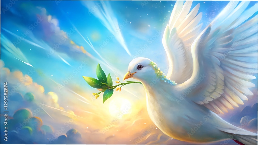 Fototapeta premium White dove with olive branch, symbol of peace and hope