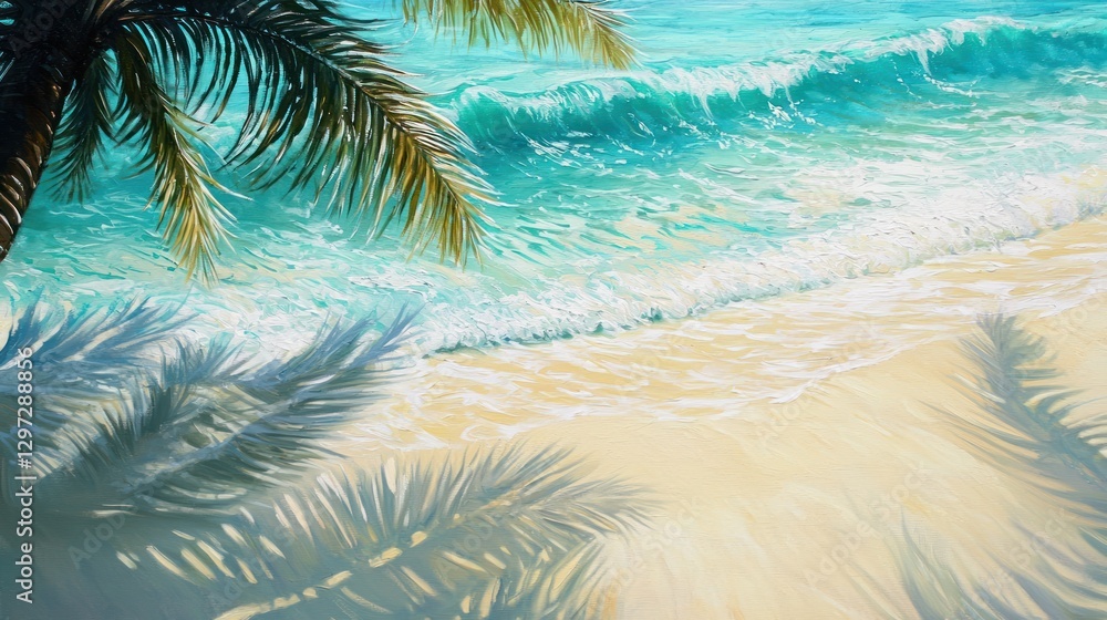 Tranquil beach scene with turquoise waves lapping golden sand, palm tree shadows. Tranquil beach scene with turquoise waves lapping golden sand, palm tree shadows.