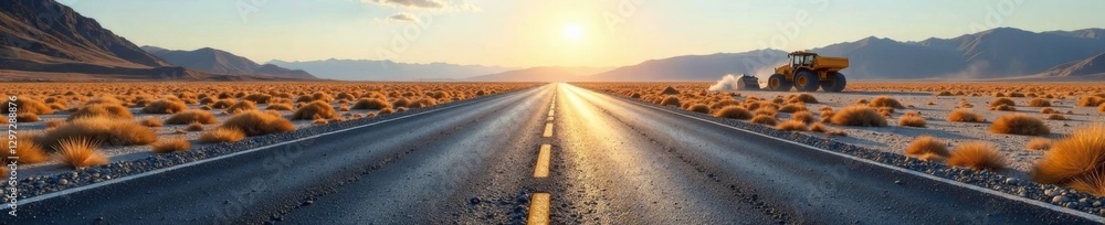 Fototapeta premium Cracked asphalt stretches across a desolate landscape, with heavy machinery in the distance, machinery, landscape
