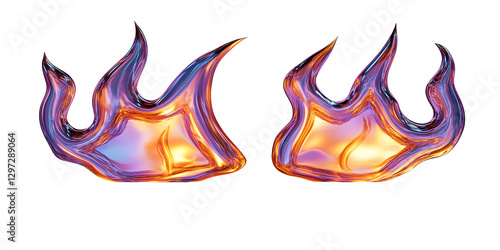 3d chrome metal of y2k fire icon. Flame shape in liquid mercury. 3d rendering illustration of abstract neo tribal cyber sigil metallic melted modern burn form, design element.