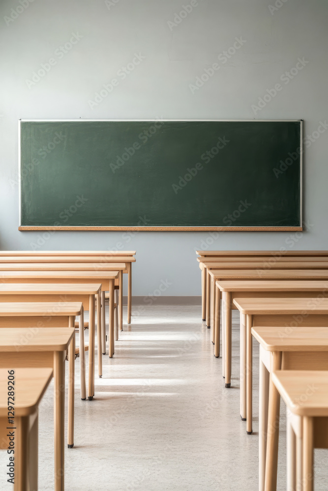 Empty clean classroom with wooden desks, chalkboard and chairs. Modern interior of a classroom in a school or college Empty clean classroom with wooden desks, chalkboard and chairs. Modern interior of a classroom in a school or college
