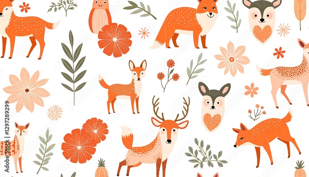 Fototapeta premium Whimsical animal illustrations featuring foxes and deer